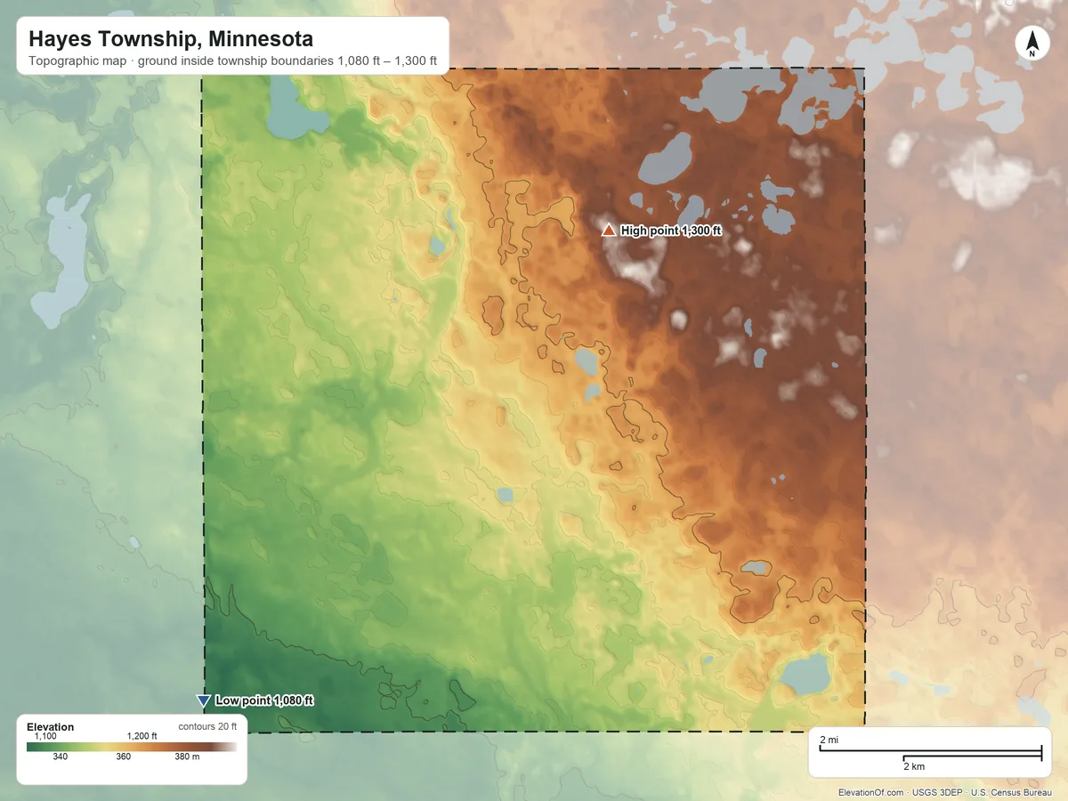 Topographic elevation map of Hayes Township, Minnesota, shaded from 1,080 ft on the southwest side to 1,300 ft on the north side