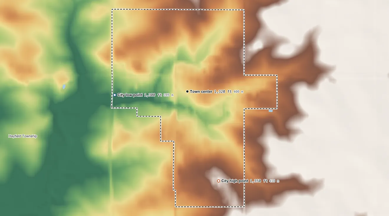 Topographic elevation map of Hayfield, Minnesota, shaded from 1,300 ft on the west side to 1,350 ft on the south side