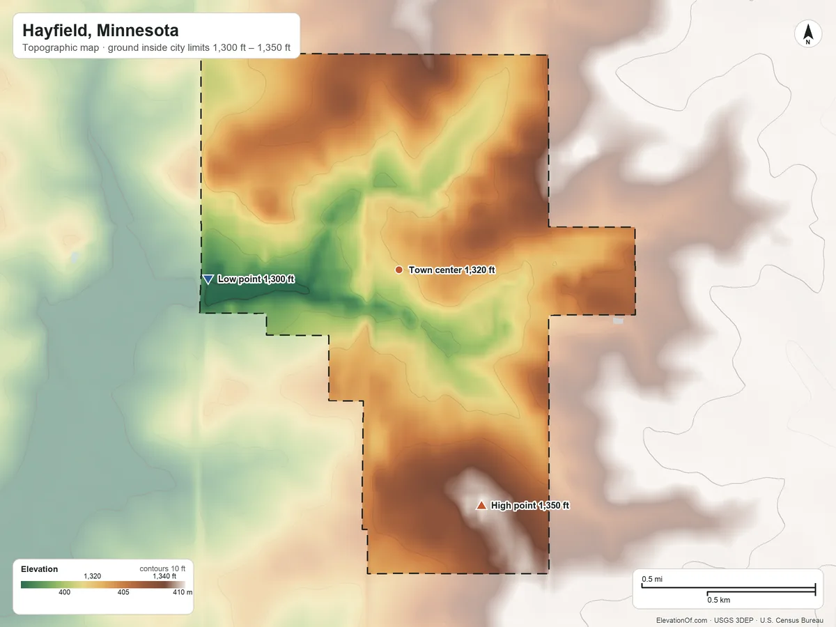 Topographic elevation map of Hayfield, Minnesota, shaded from 1,300 ft on the west side to 1,350 ft on the south side