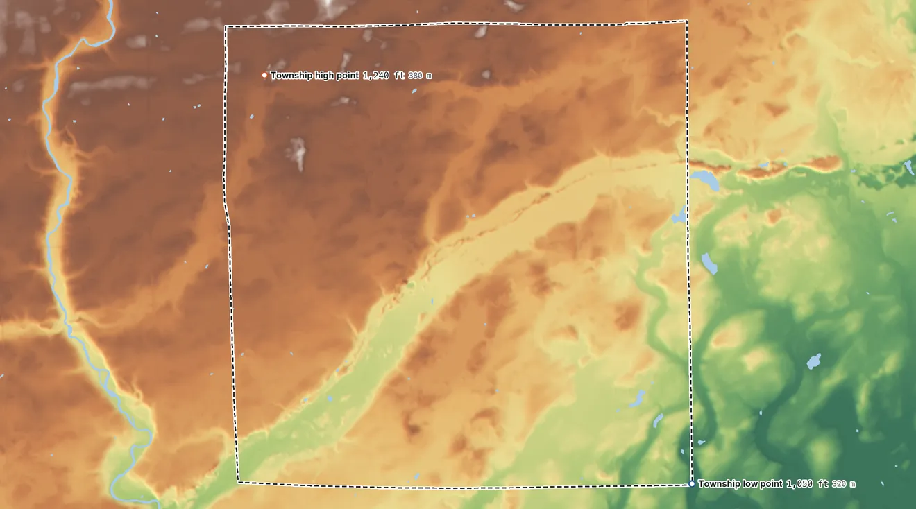Topographic elevation map of Hayland Township, Minnesota, shaded from 1,050 ft on the southeast side to 1,240 ft on the northwest side