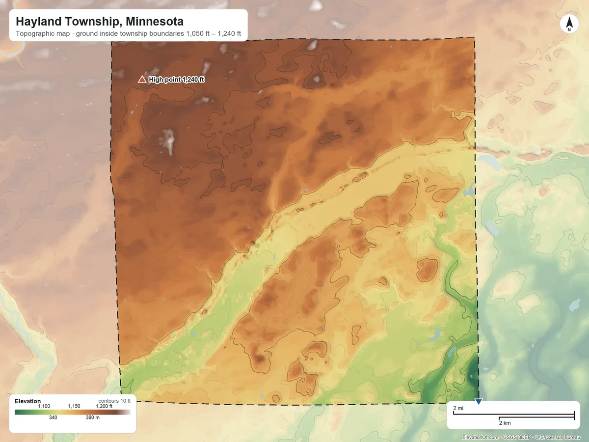 Topographic elevation map of Hayland Township, Minnesota, shaded from 1,050 ft on the southeast side to 1,240 ft on the northwest side