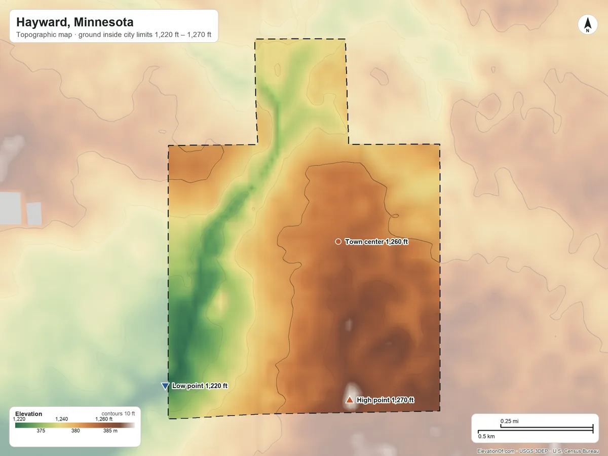 Topographic elevation map of Hayward, Minnesota, shaded from 1,220 ft on the southwest side to 1,270 ft on the south side