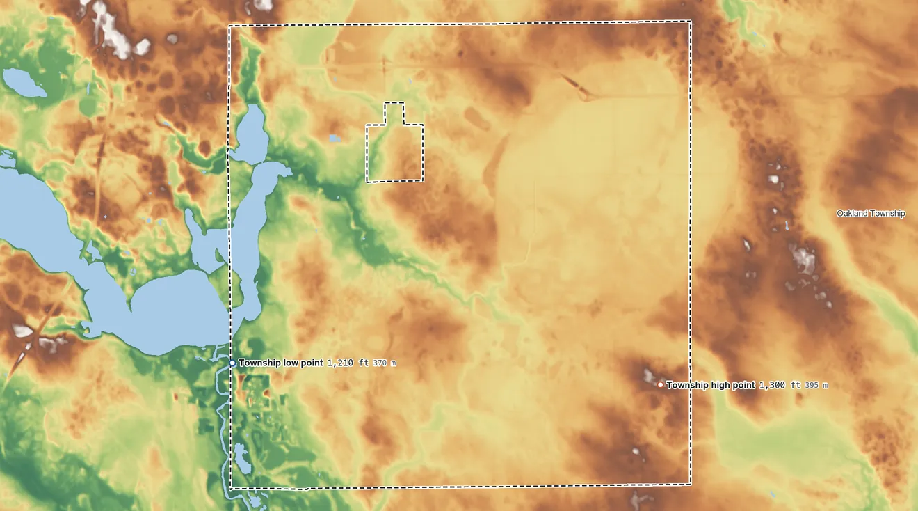 Topographic elevation map of Hayward Township, Minnesota, shaded from 1,210 ft on the southwest side to 1,300 ft on the southeast side