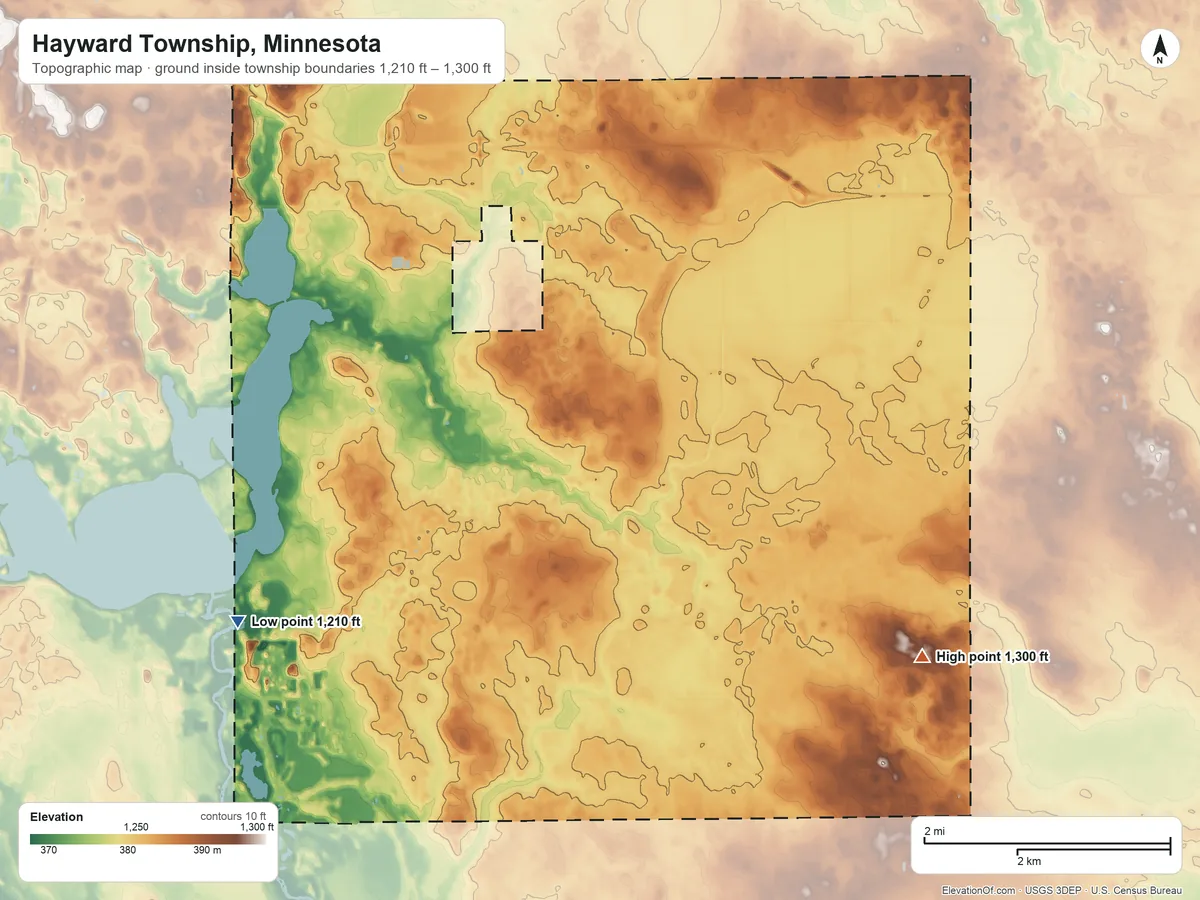 Topographic elevation map of Hayward Township, Minnesota, shaded from 1,210 ft on the southwest side to 1,300 ft on the southeast side