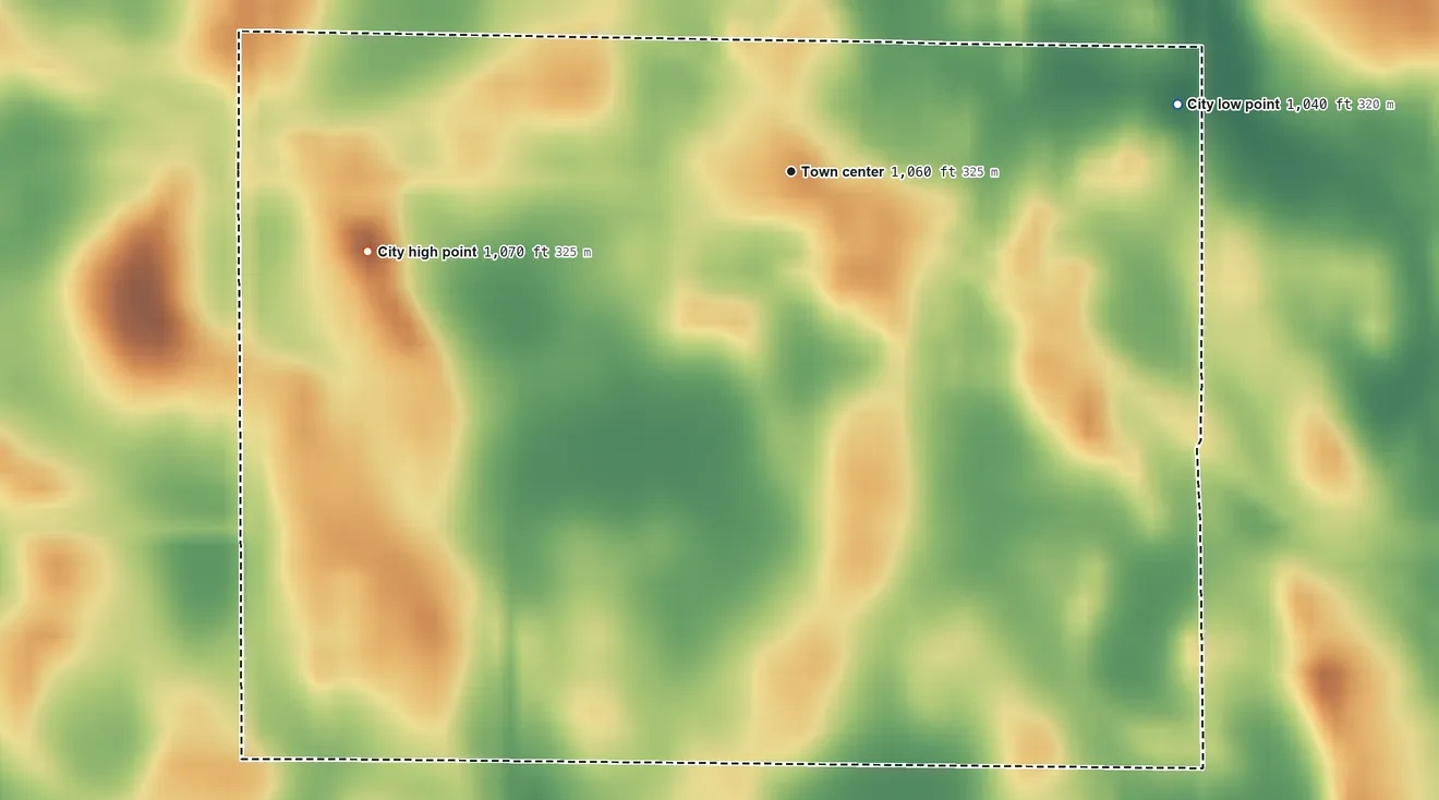 Topographic elevation map of Hazel Run, Minnesota, shaded from 1,040 ft on the east side to 1,070 ft on the west side
