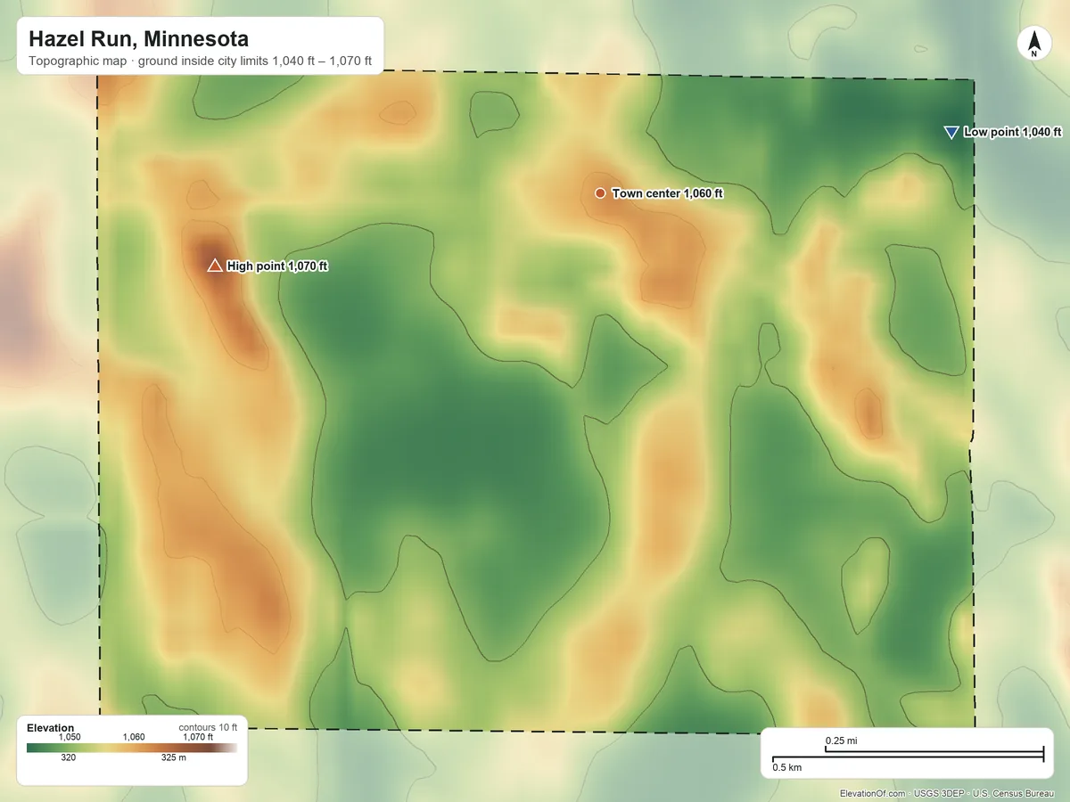 Topographic elevation map of Hazel Run, Minnesota, shaded from 1,040 ft on the east side to 1,070 ft on the west side