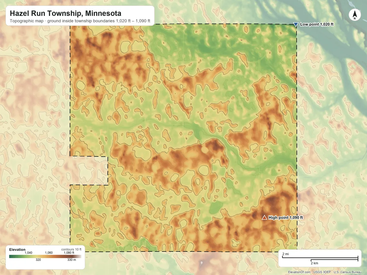 Topographic elevation map of Hazel Run Township, Minnesota, shaded from 1,020 ft on the northeast side to 1,090 ft on the southeast side