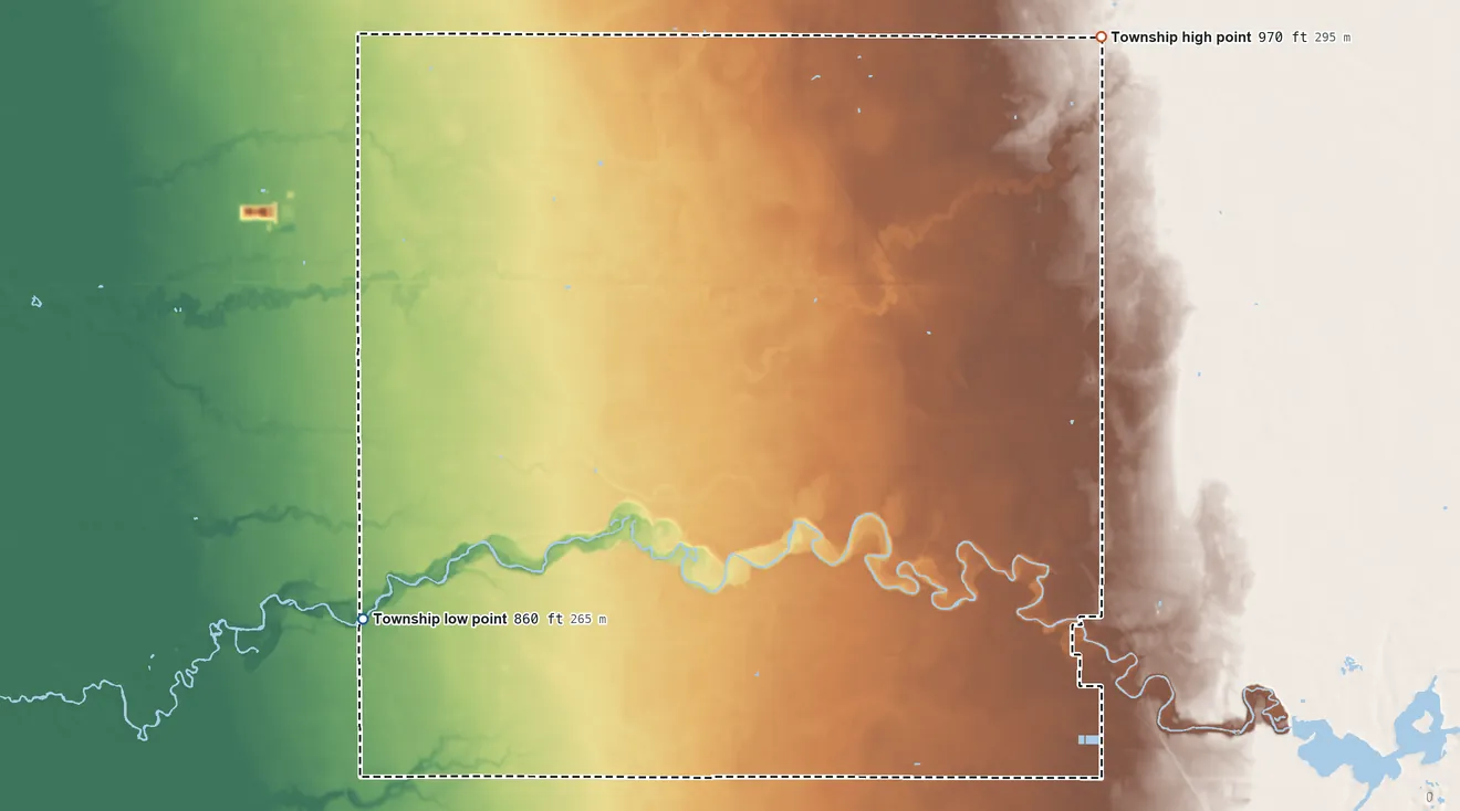 Topographic elevation map of Hazelton Township, Kittson County, Minnesota, shaded from 860 ft on the west side to 970 ft on the northeast side