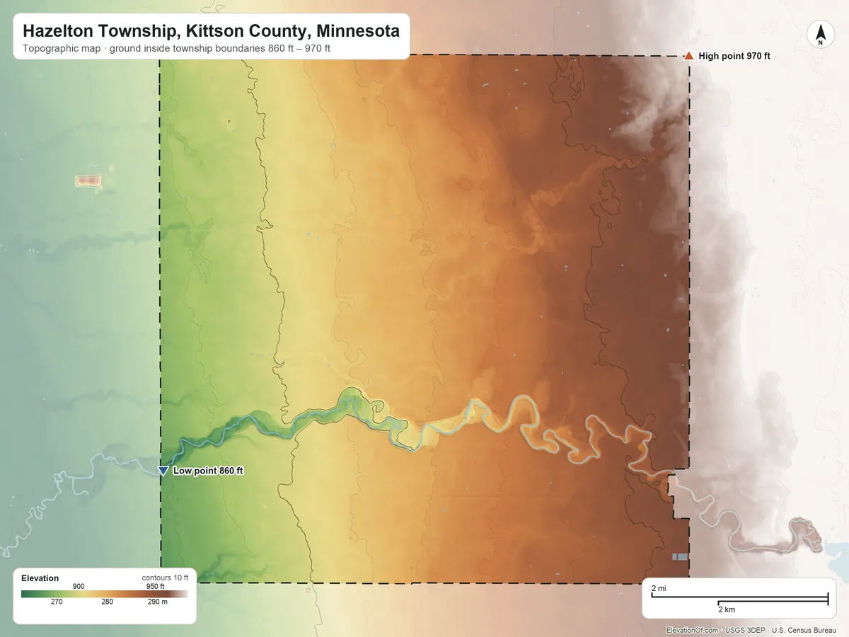 Topographic elevation map of Hazelton Township, Kittson County, Minnesota, shaded from 860 ft on the west side to 970 ft on the northeast side