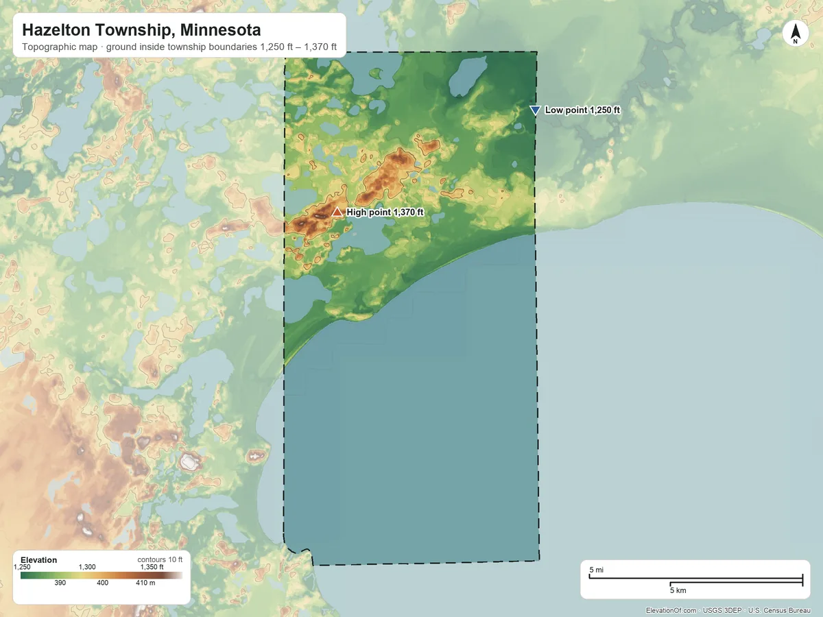 Topographic elevation map of Hazelton Township, Minnesota, shaded from 1,250 ft on the northeast side to 1,370 ft on the west side