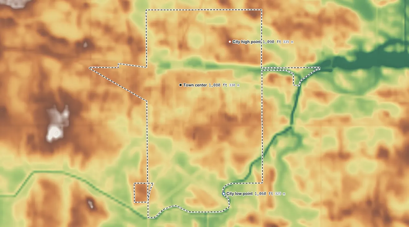 Topographic elevation map of Hector, Minnesota, shaded from 1,060 ft on the south side to 1,090 ft on the northeast side