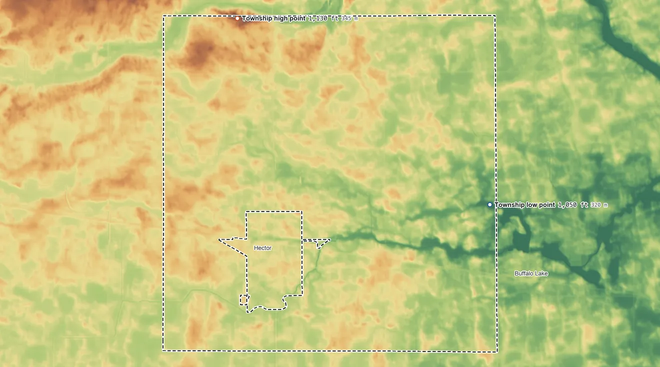 Topographic elevation map of Hector Township, Minnesota, shaded from 1,050 ft on the east side to 1,130 ft on the northwest side