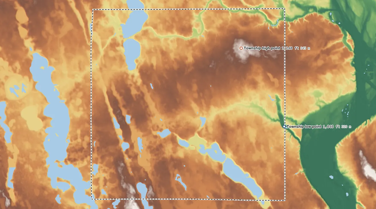Topographic elevation map of Hegbert Township, Minnesota, shaded from 1,040 ft on the east side to 1,140 ft on the northeast side