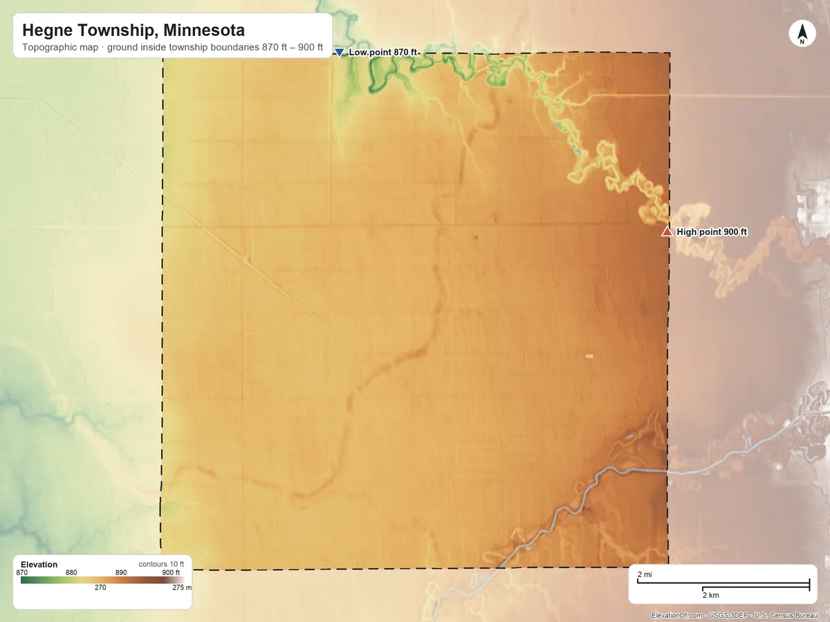 Topographic elevation map of Hegne Township, Minnesota, shaded from 870 ft on the north side to 900 ft on the east side