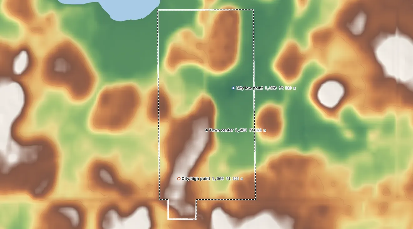 Topographic elevation map of Heidelberg, Minnesota, shaded from 1,020 ft on the northeast side to 1,060 ft on the southwest side
