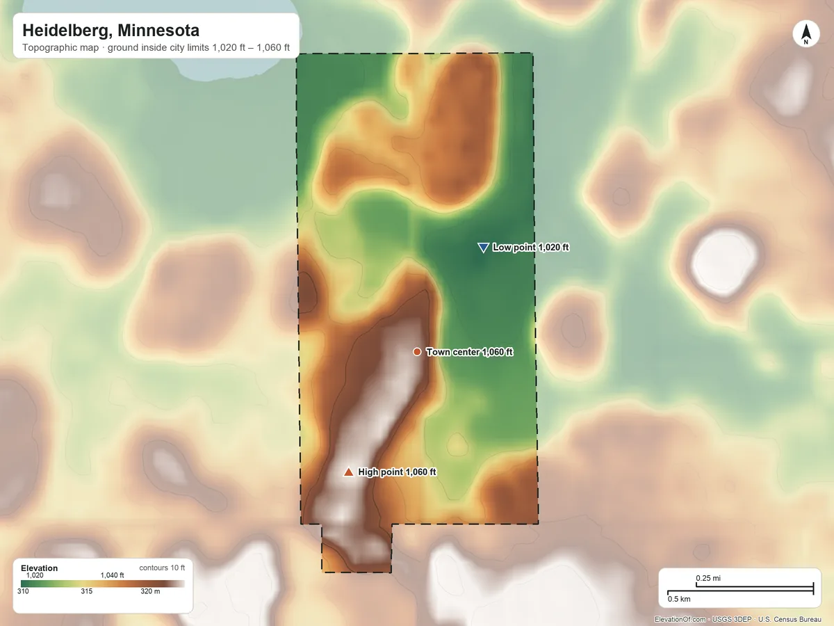 Topographic elevation map of Heidelberg, Minnesota, shaded from 1,020 ft on the northeast side to 1,060 ft on the southwest side
