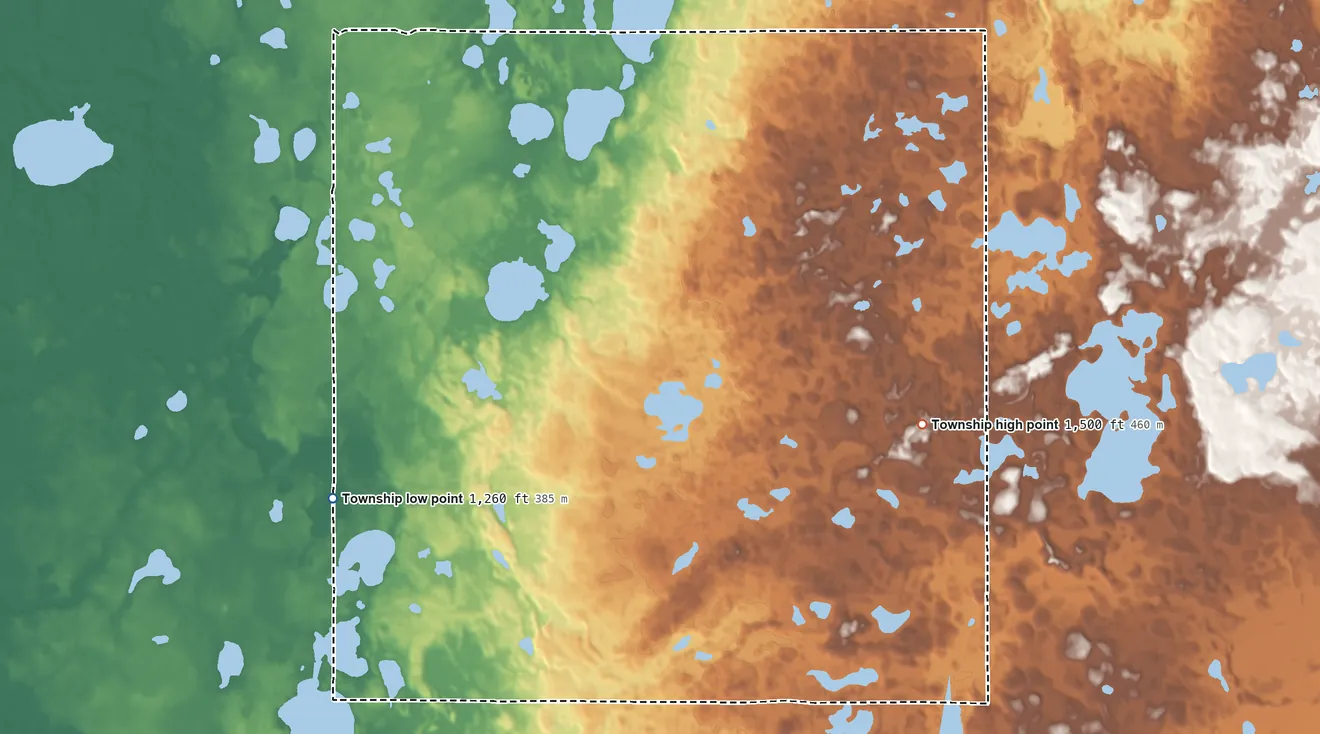 Topographic elevation map of Heier Township, Minnesota, shaded from 1,260 ft on the west side to 1,500 ft on the east side
