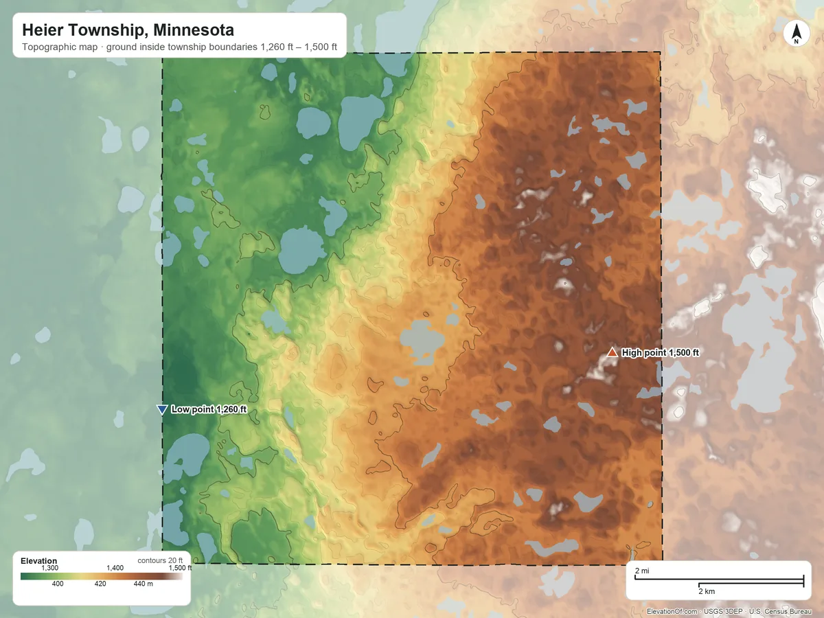 Topographic elevation map of Heier Township, Minnesota, shaded from 1,260 ft on the west side to 1,500 ft on the east side