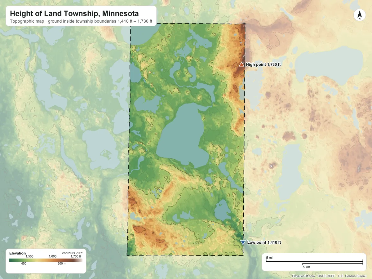 Topographic elevation map of Height of Land Township, Minnesota, shaded from 1,410 ft on the southeast side to 1,730 ft on the north side