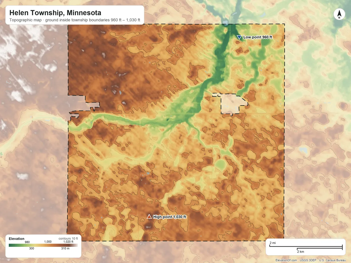 Topographic elevation map of Helen Township, Minnesota, shaded from 960 ft on the northeast side to 1,030 ft on the south side