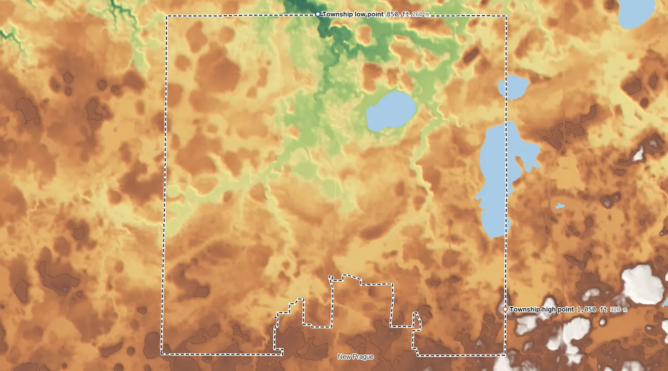 Topographic elevation map of Helena Township, Minnesota, shaded from 850 ft on the north side to 1,050 ft on the southeast side