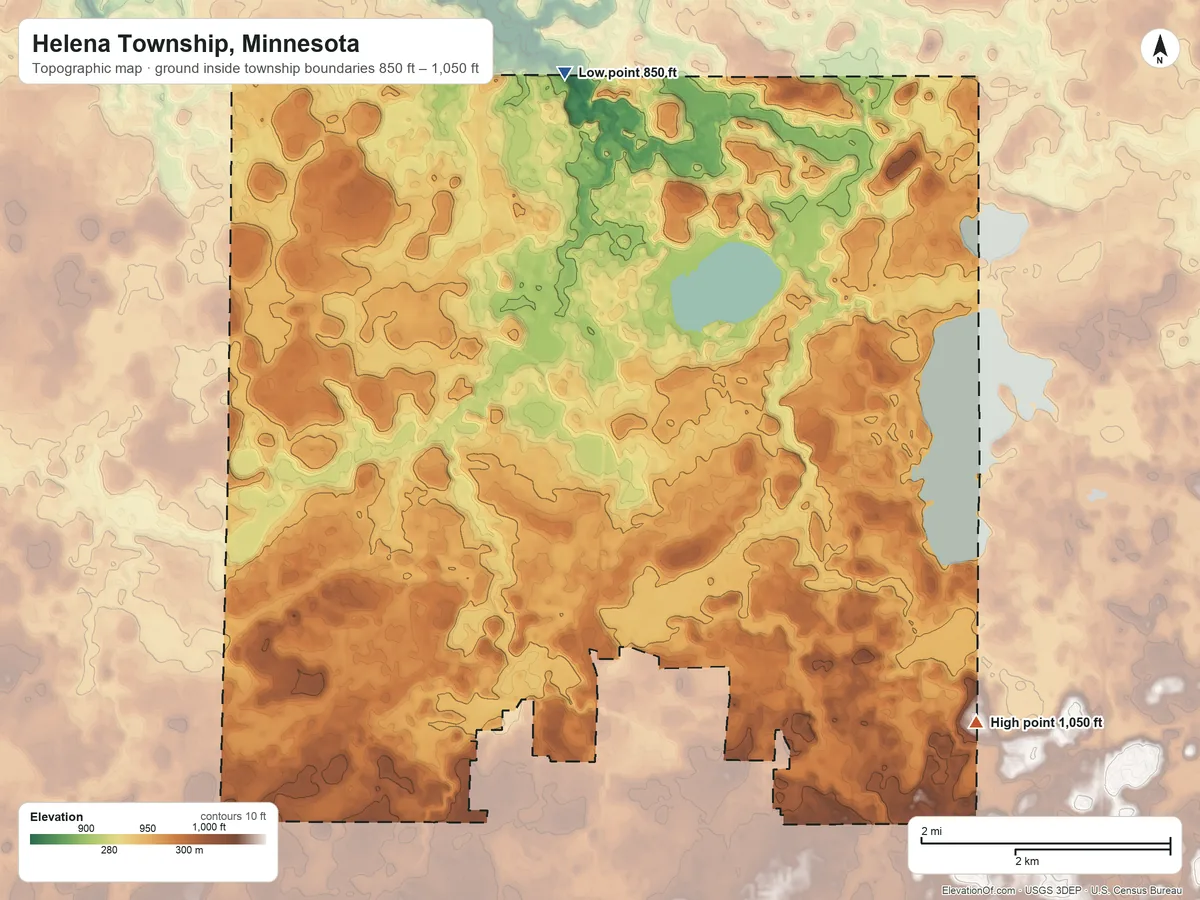 Topographic elevation map of Helena Township, Minnesota, shaded from 850 ft on the north side to 1,050 ft on the southeast side
