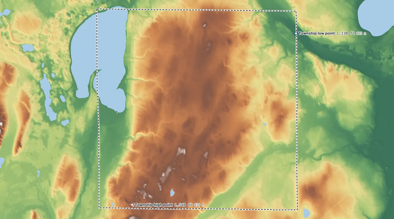 Topographic elevation map of Helga Township, Minnesota, shaded from 1,330 ft on the northeast side to 1,540 ft on the southwest side