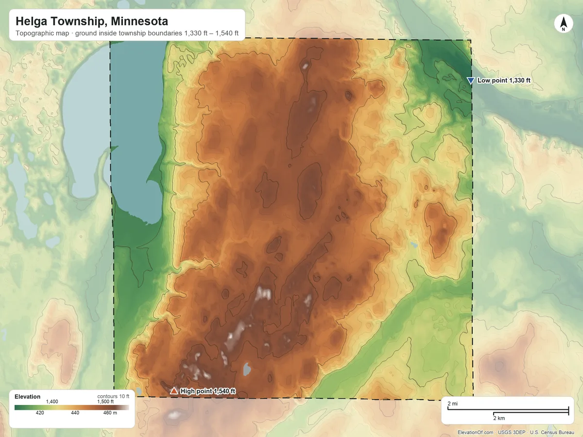 Topographic elevation map of Helga Township, Minnesota, shaded from 1,330 ft on the northeast side to 1,540 ft on the southwest side