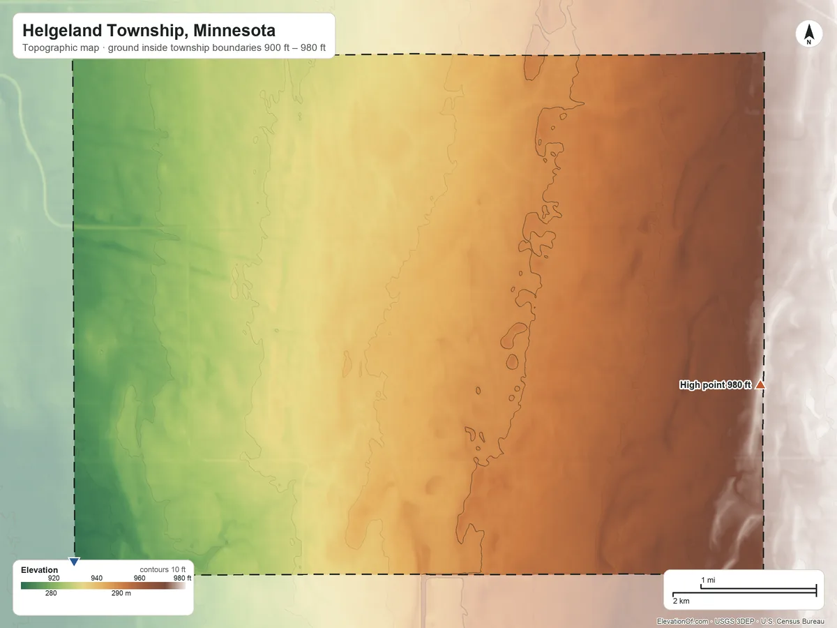 Topographic elevation map of Helgeland Township, Minnesota, shaded from 900 ft on the west side to 980 ft on the east side