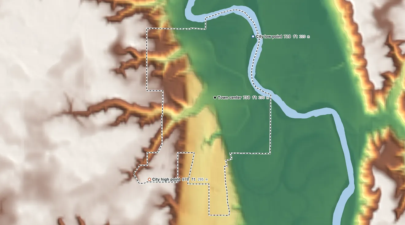 Topographic elevation map of Henderson, Minnesota, shaded from 720 ft on the northeast side to 970 ft on the southwest side
