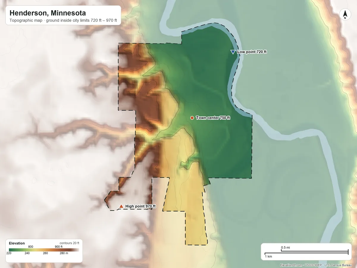 Topographic elevation map of Henderson, Minnesota, shaded from 720 ft on the northeast side to 970 ft on the southwest side
