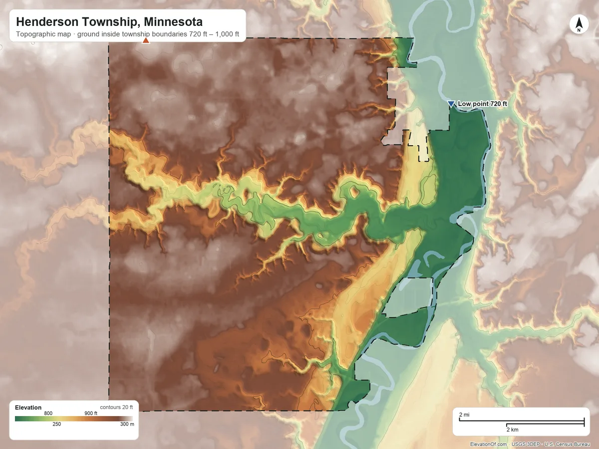 Topographic elevation map of Henderson Township, Minnesota, shaded from 720 ft on the northeast side to 1,000 ft on the northwest side