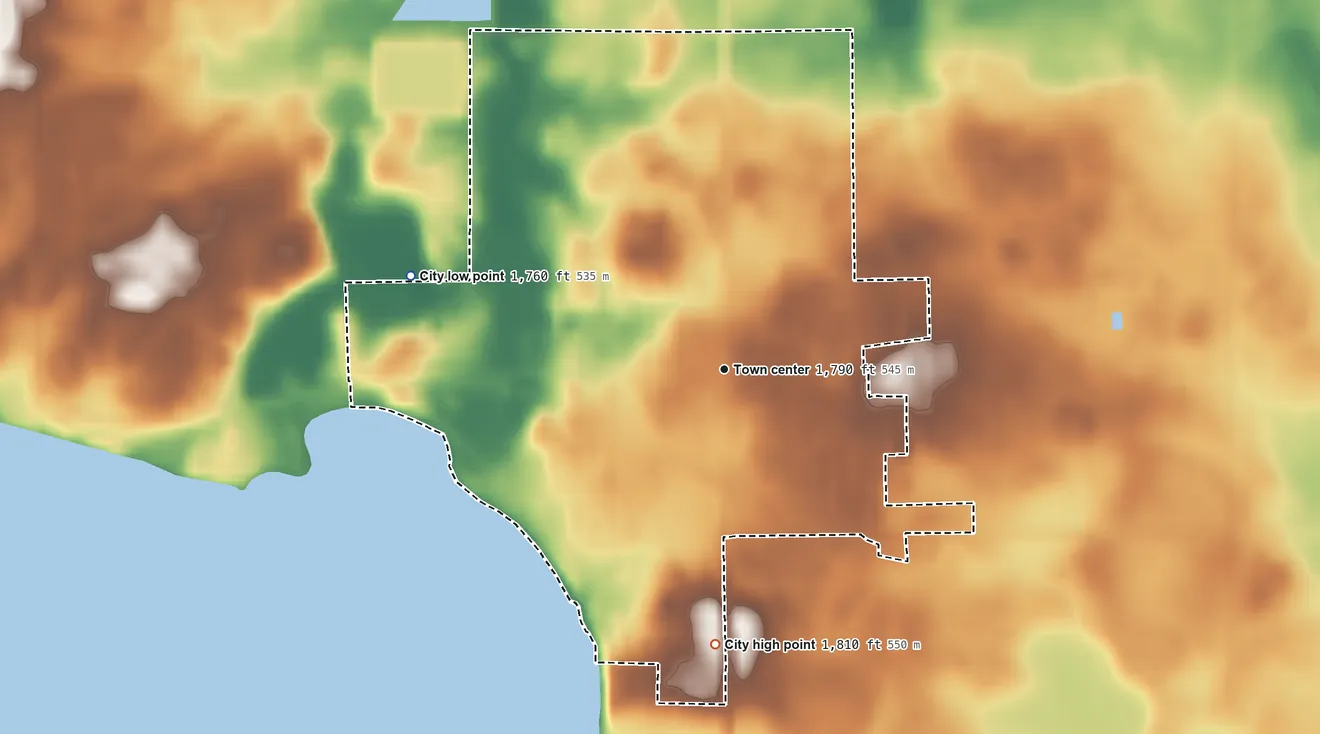 Topographic elevation map of Hendricks, Minnesota, shaded from 1,760 ft on the west side to 1,810 ft on the south side