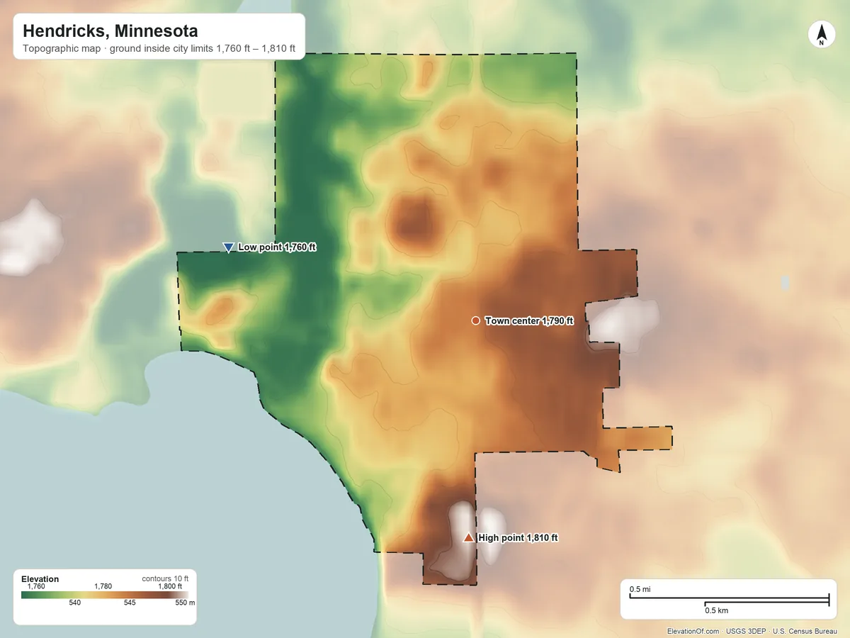 Topographic elevation map of Hendricks, Minnesota, shaded from 1,760 ft on the west side to 1,810 ft on the south side