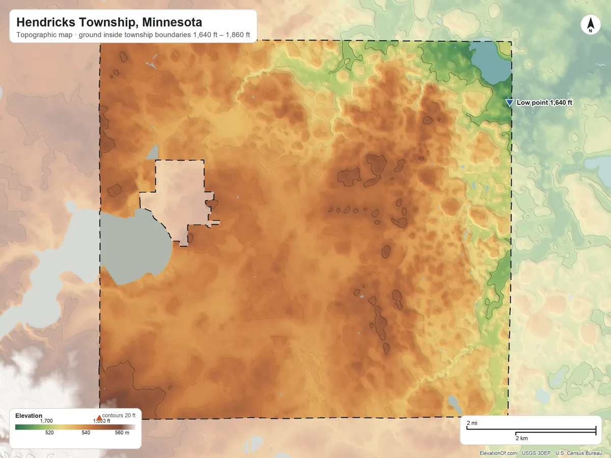 Topographic elevation map of Hendricks Township, Minnesota, shaded from 1,640 ft on the northeast side to 1,860 ft on the southwest side