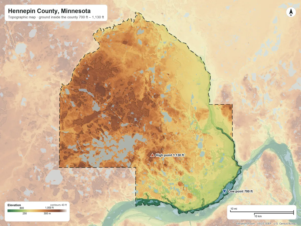 Topographic elevation map of Hennepin County, Minnesota, shaded from 700 ft on the southeast side to 1,130 ft on the south side