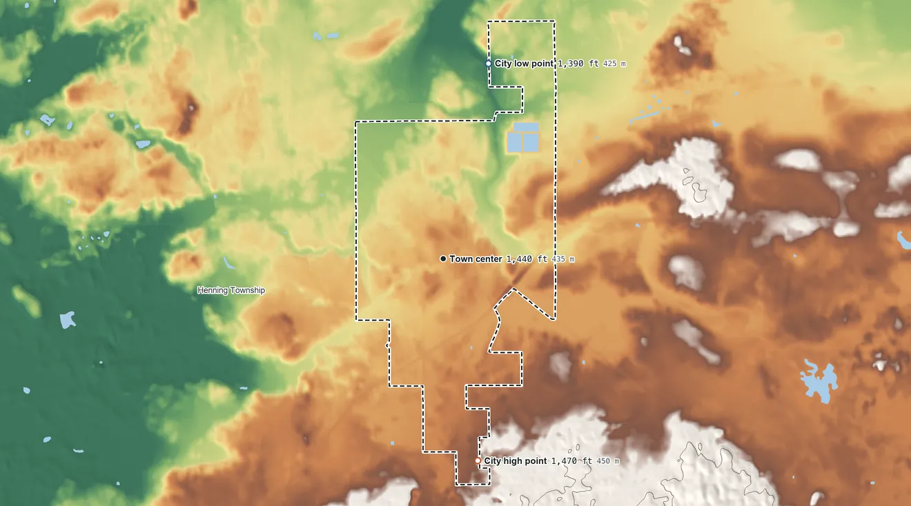 Topographic elevation map of Henning, Minnesota, shaded from 1,390 ft on the north side to 1,470 ft on the south side