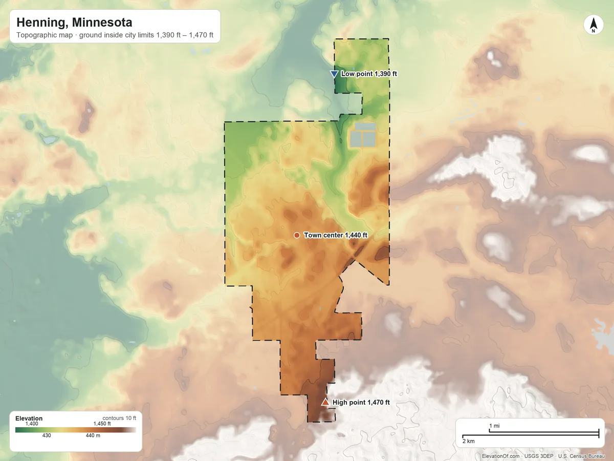 Topographic elevation map of Henning, Minnesota, shaded from 1,390 ft on the north side to 1,470 ft on the south side