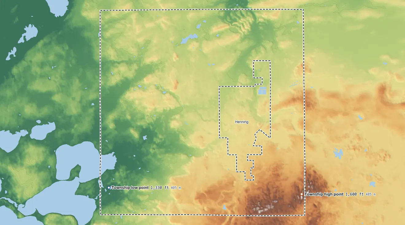 Topographic elevation map of Henning Township, Minnesota, shaded from 1,330 ft on the southwest side to 1,600 ft on the southeast side