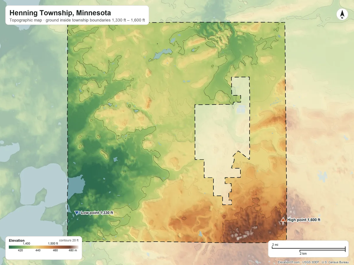 Topographic elevation map of Henning Township, Minnesota, shaded from 1,330 ft on the southwest side to 1,600 ft on the southeast side