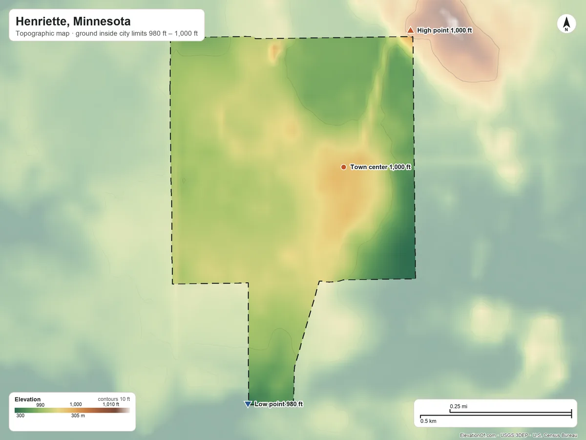 Topographic elevation map of Henriette, Minnesota, shaded from 980 ft on the south side to 1,000 ft on the northeast side