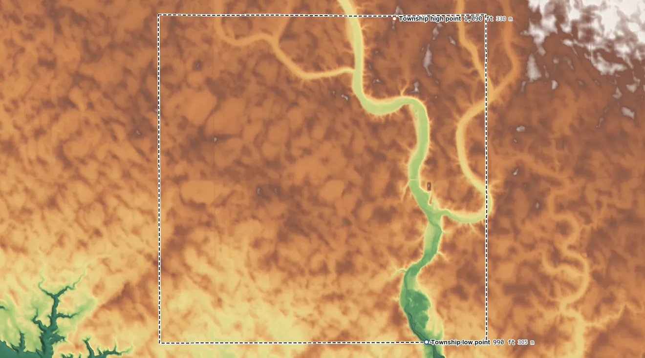 Topographic elevation map of Henryville Township, Minnesota, shaded from 990 ft on the southeast side to 1,090 ft on the northeast side