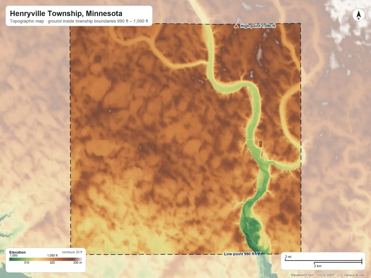 Topographic elevation map of Henryville Township, Minnesota, shaded from 990 ft on the southeast side to 1,090 ft on the northeast side