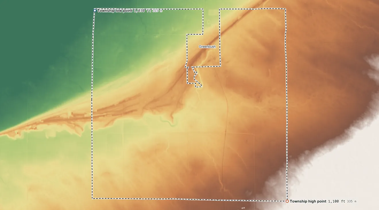 Topographic elevation map of Hereim Township, Minnesota, shaded from 1,030 ft on the northwest side to 1,100 ft on the southeast side