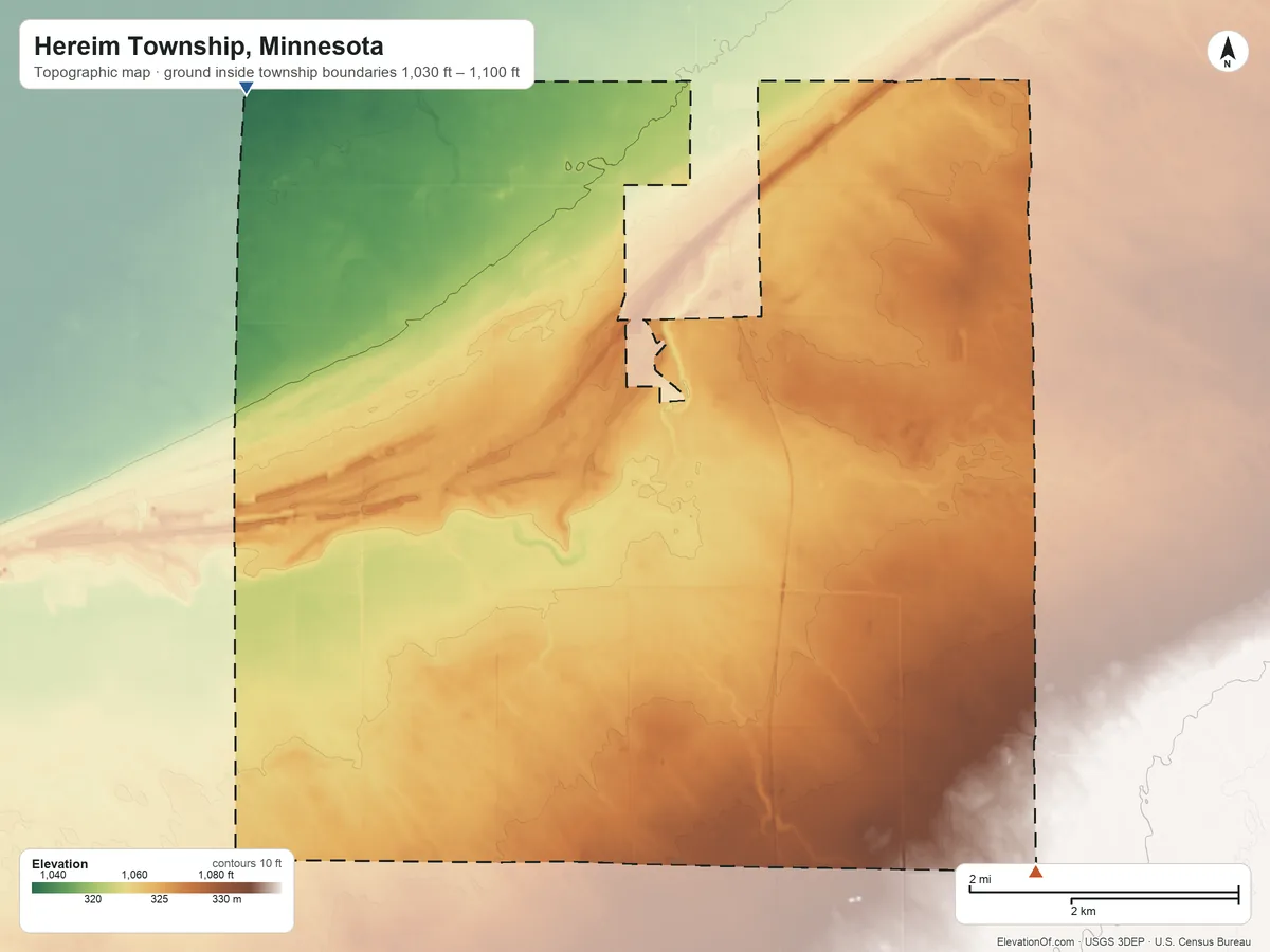 Topographic elevation map of Hereim Township, Minnesota, shaded from 1,030 ft on the northwest side to 1,100 ft on the southeast side