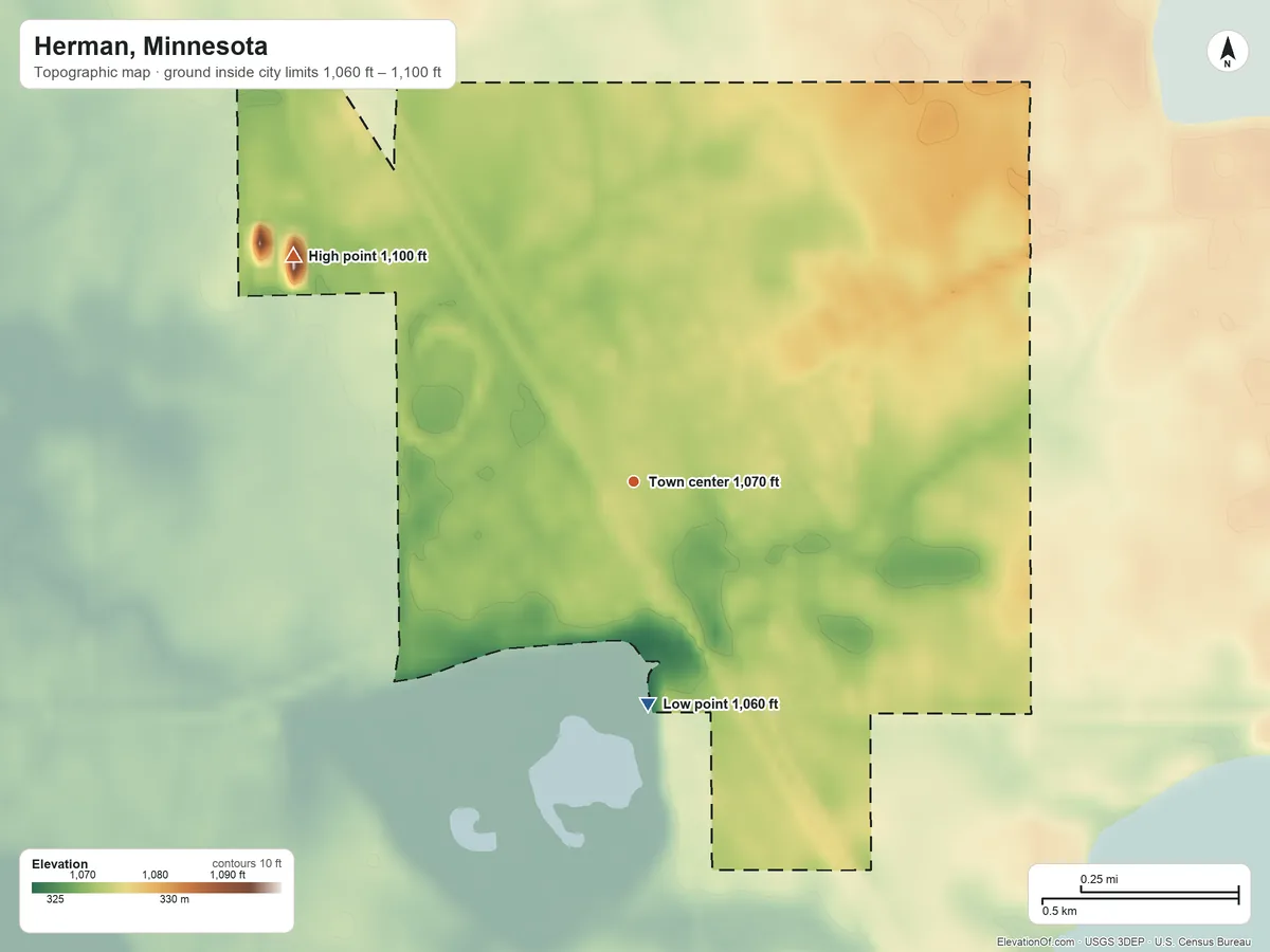 Topographic elevation map of Herman, Minnesota, shaded from 1,060 ft on the south side to 1,100 ft on the northwest side