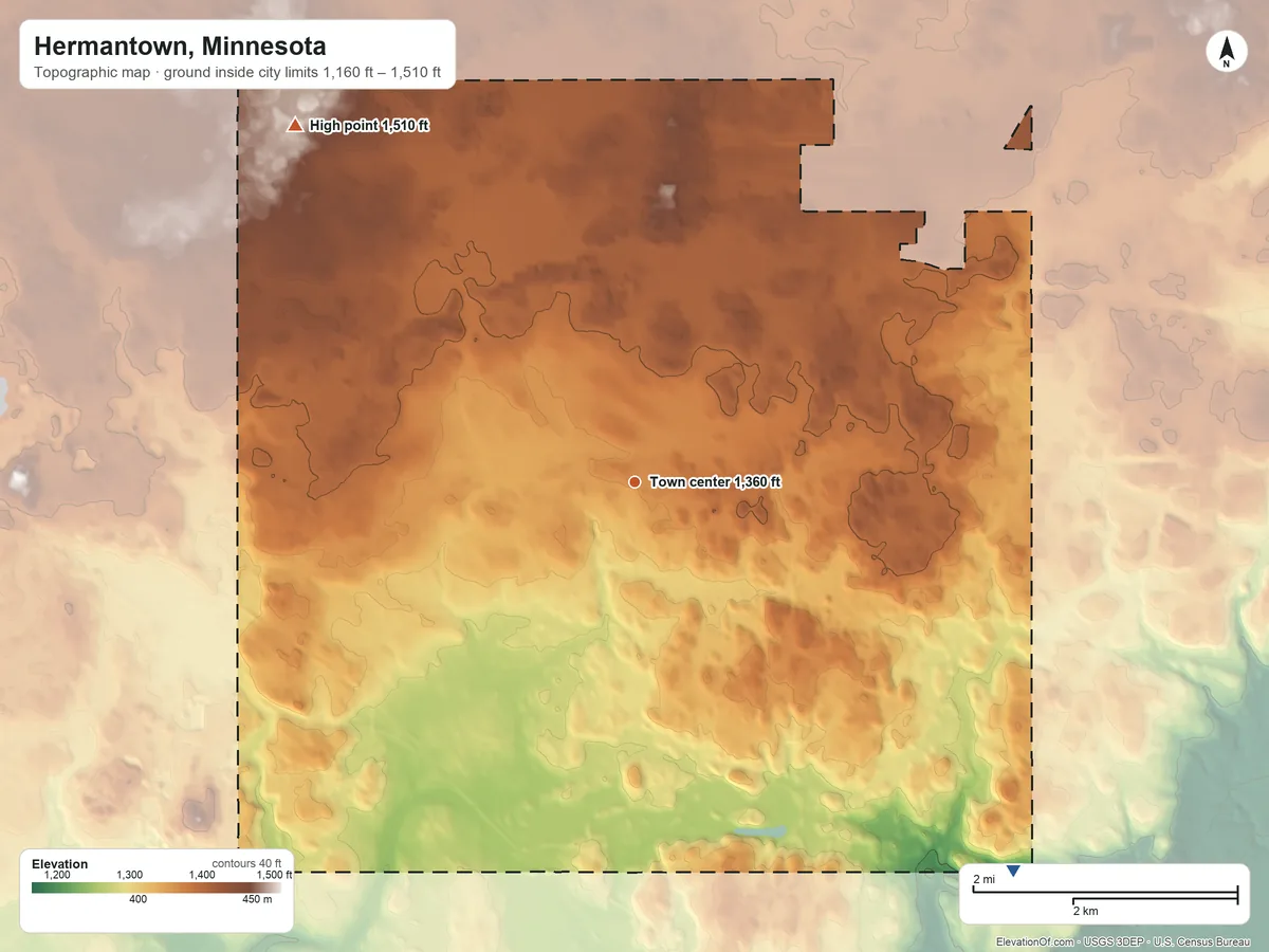 Topographic elevation map of Hermantown, Minnesota, shaded from 1,160 ft on the southeast side to 1,510 ft on the northwest side