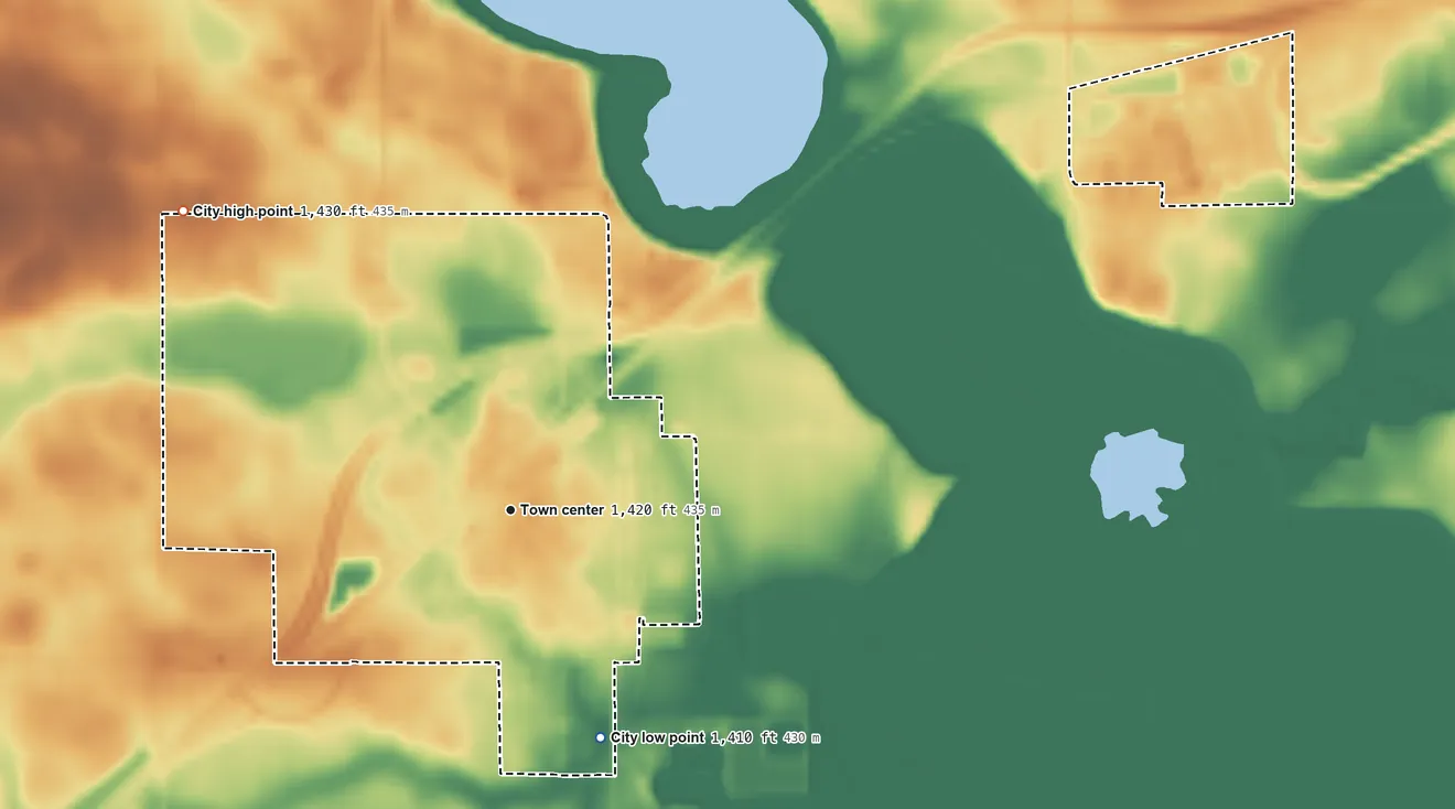 Topographic elevation map of Heron Lake, Minnesota, shaded from 1,410 ft on the south side to 1,430 ft on the northwest side