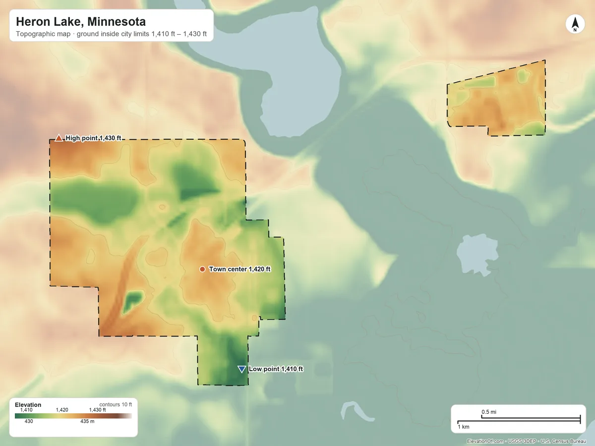 Topographic elevation map of Heron Lake, Minnesota, shaded from 1,410 ft on the south side to 1,430 ft on the northwest side