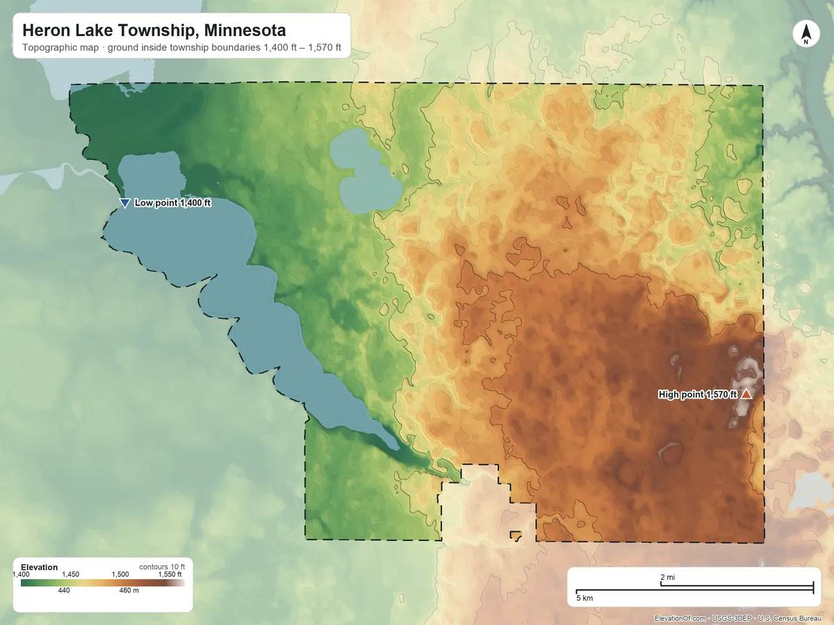 Topographic elevation map of Heron Lake Township, Minnesota, shaded from 1,400 ft on the west side to 1,570 ft on the southeast side